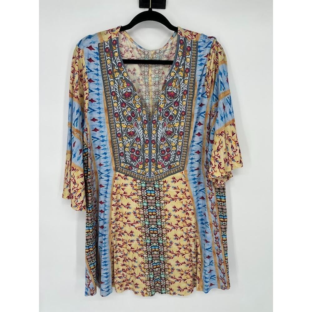 Soft Surroundings Fifi Embroidered Mixed Print Bell Sleeve Tunic Top 1X Boho